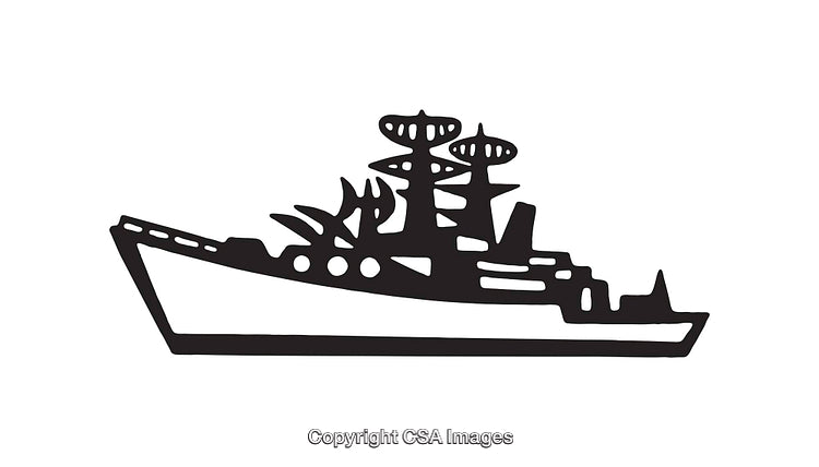 Black and White Line Art of a Warship Silhouette Design