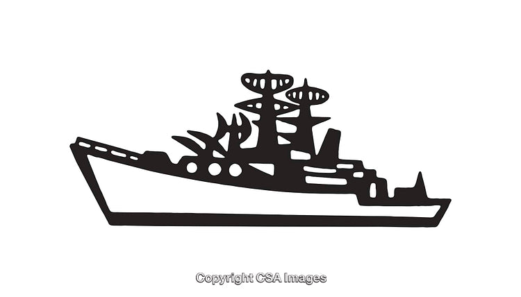 Black and White Line Art of a Warship Silhouette Design