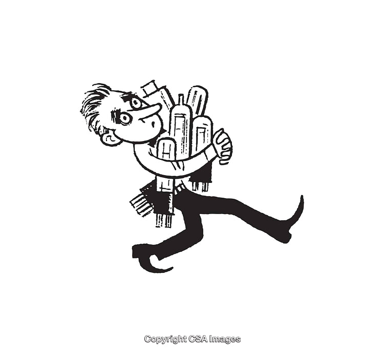 Black and White Line Art of a Person Carrying Multiple Objects