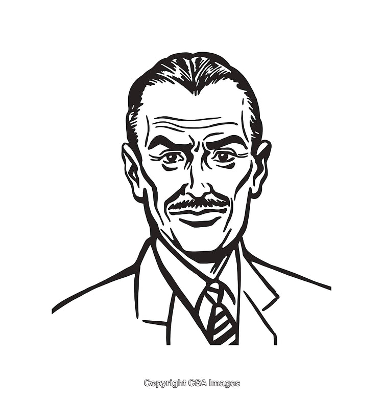 Detailed Black and White Line Art Illustration of a Man in Formal Attire