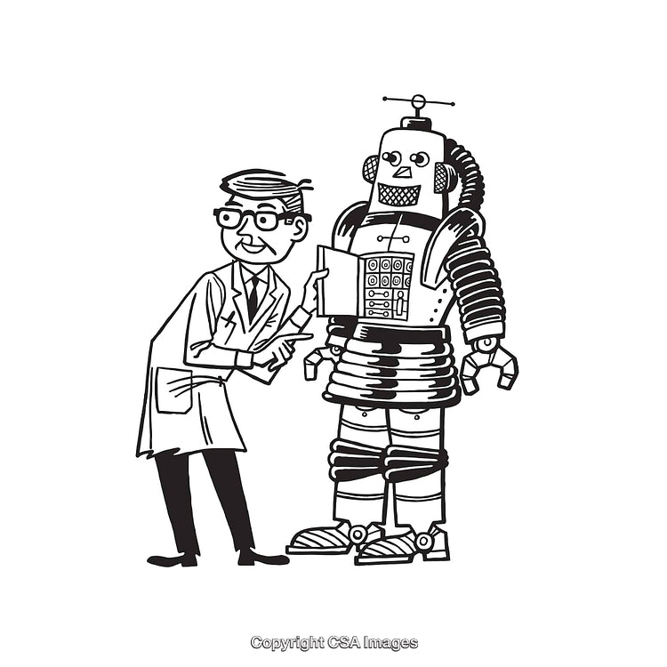 Cartoon Scientist With Retro Robot In Black And White Line Art