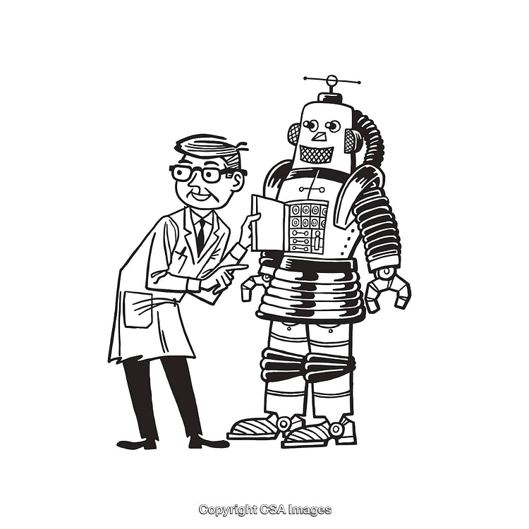 Cartoon Scientist With Retro Robot In Black And White Line Art