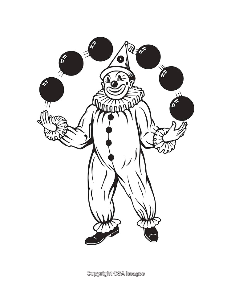 Black and White Line Art of Clown Juggling Balls