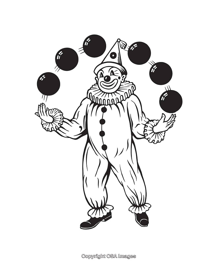 Black and White Line Art of Clown Juggling Balls