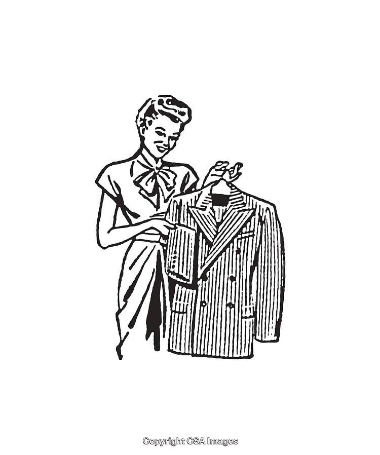 Retro Illustration of a Woman Holding and Displaying a Stylish Suit