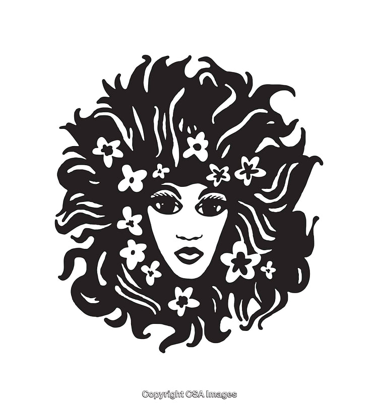 Black and White Artistic Illustration of a Floral Hair Woman