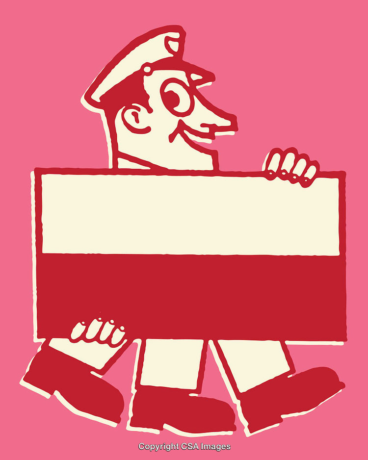 Retro Line Art Illustration of a Smiling Figure Carrying a Sign
