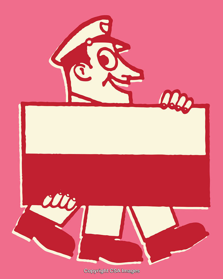 Retro Line Art Illustration of a Smiling Figure Carrying a Sign