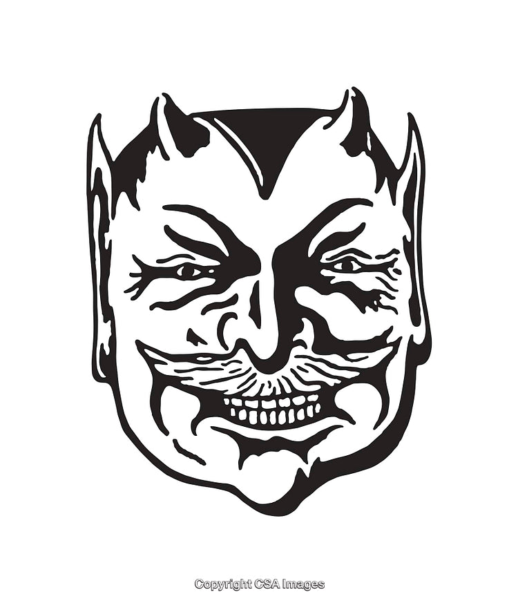 Black and White Line Art Illustration of a Devil With a Mustache Mirth