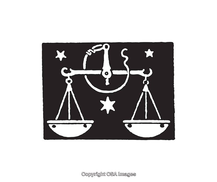 Symbolic Black And White Illustration with Scales and Stars Motif