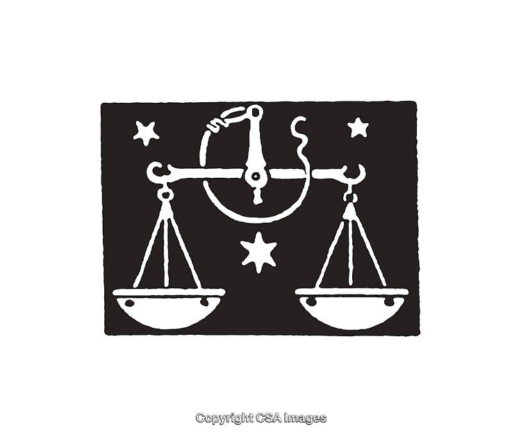 Symbolic Black And White Illustration with Scales and Stars Motif