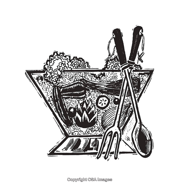 Black and White Illustration of A Salad Bowl with Serving Utensils