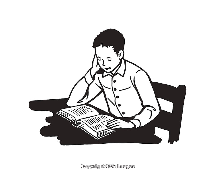Black and White Illustration of a Boy Reading a Book at a Table