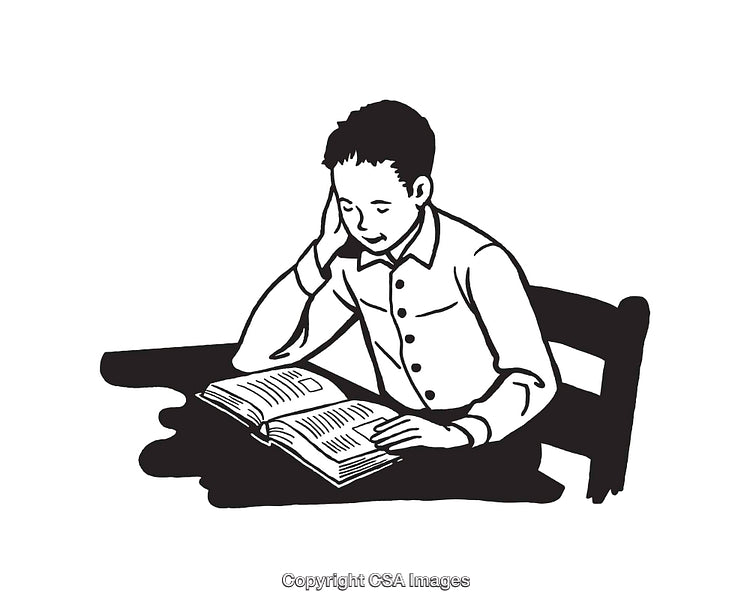 Black and White Illustration of a Boy Reading a Book at a Table