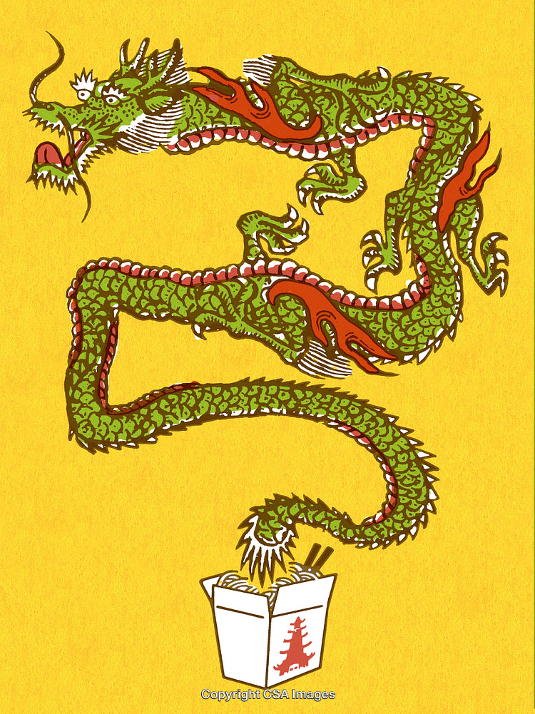 Green Chinese Dragon Emerging From Takeout Box on Yellow Background