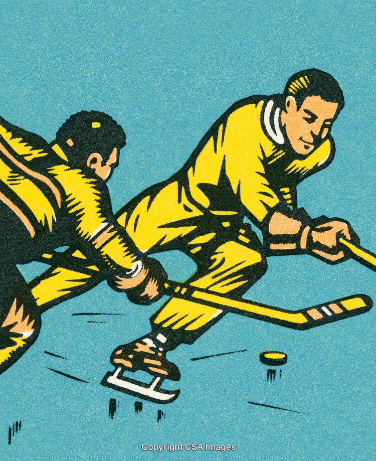 Vintage Illustration of Two Hockey Players Competing on the Ice Rink