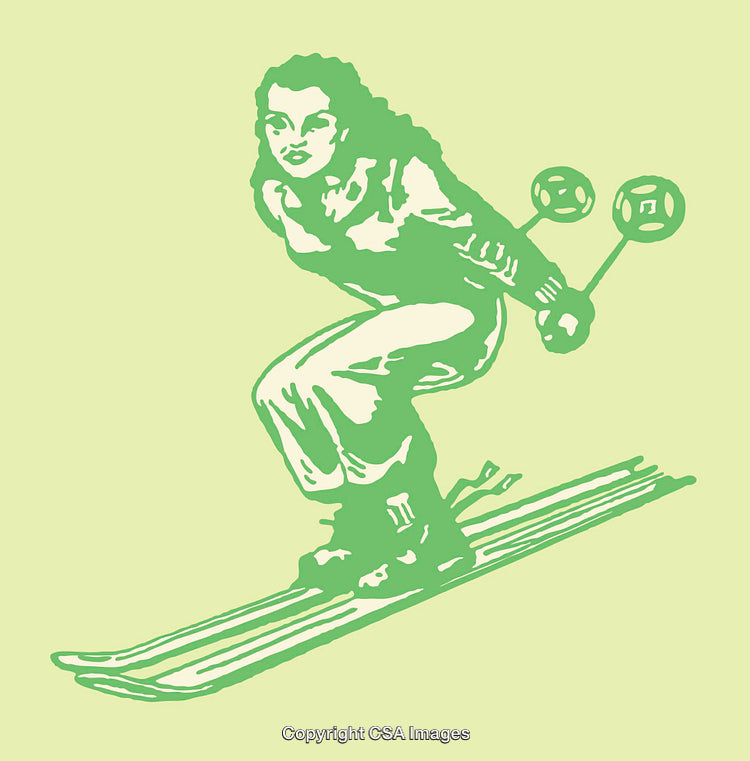 Retro Style Skier Illustration in Green Tones With Vintage Aesthetic