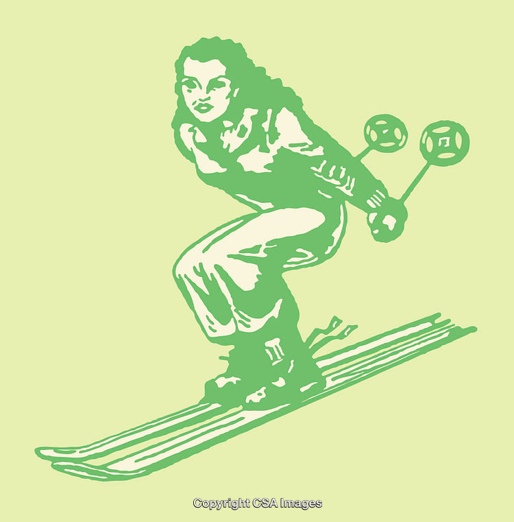 Retro Style Skier Illustration in Green Tones With Vintage Aesthetic