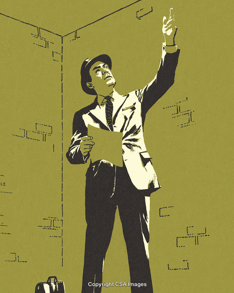 Retro Businessman Gesturing While Holding Paper in a Vintage Artwork Setting