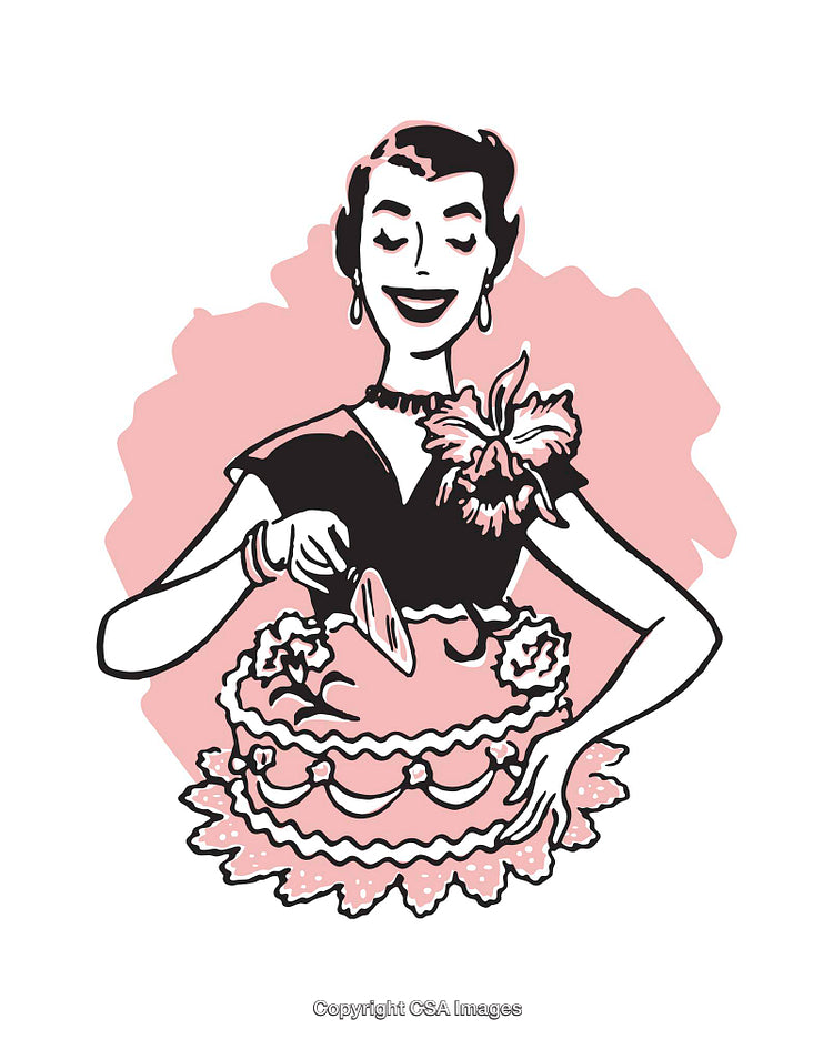 Retro Illustration of a Woman Celebrating With a Large Decorated Cake