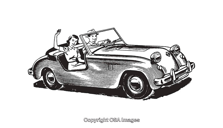 Vintage Illustration of a Couple Driving a Convertible Car