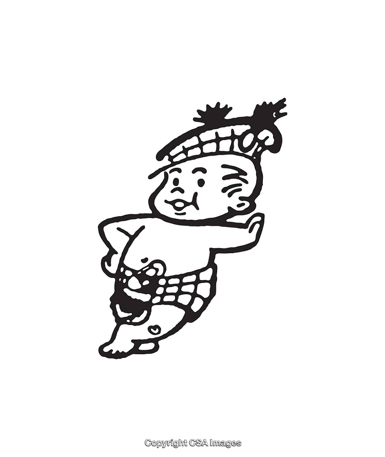Black and White Line Art of a Dancing Child with Headwear