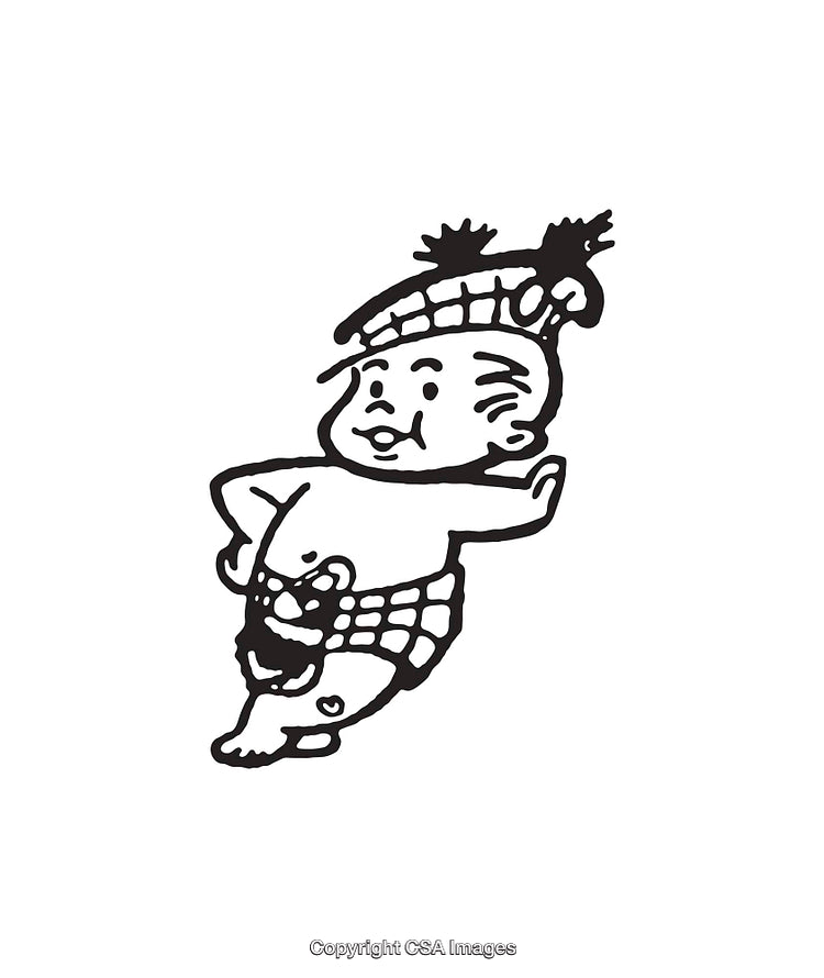 Black and White Line Art of a Dancing Child with Headwear