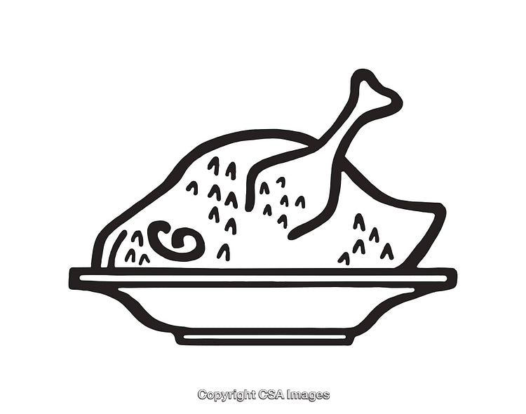 Black and White Line Art of a Cooked Turkey on a Plate