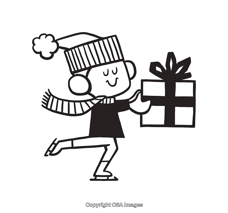 Festive Skater in Black and White Line Art Illustration