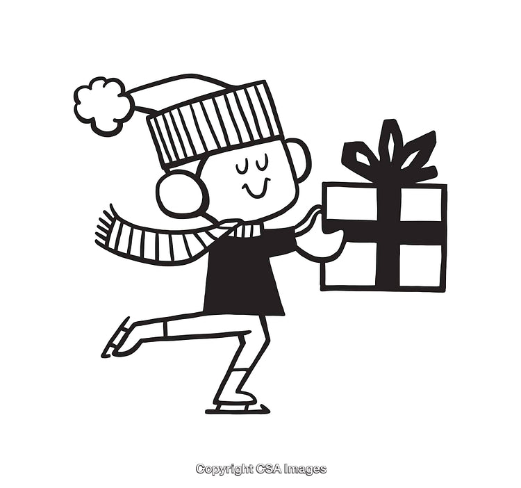 Festive Skater in Black and White Line Art Illustration