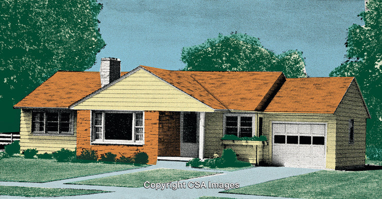 Mid-Century House Illustration Displaying Unique Retro Design and Dot Screen Style