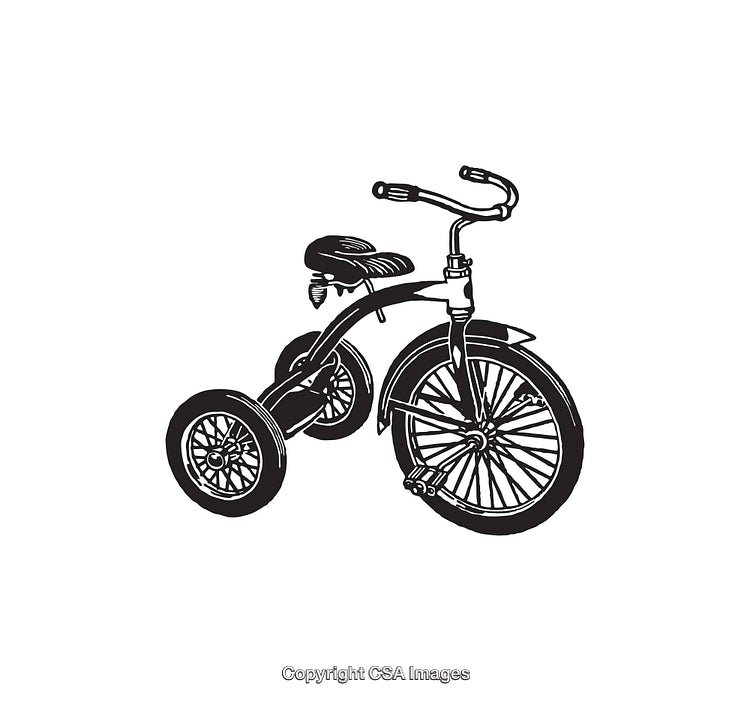 Vintage Black and White Line Art Drawing of a Tricycle