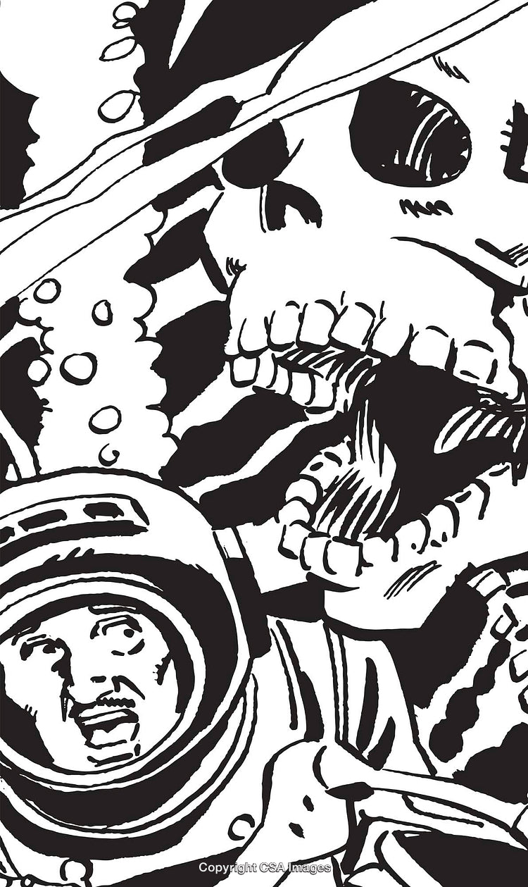 Space Explorer Confronting Skeleton Creature in Surreal Black and White Art
