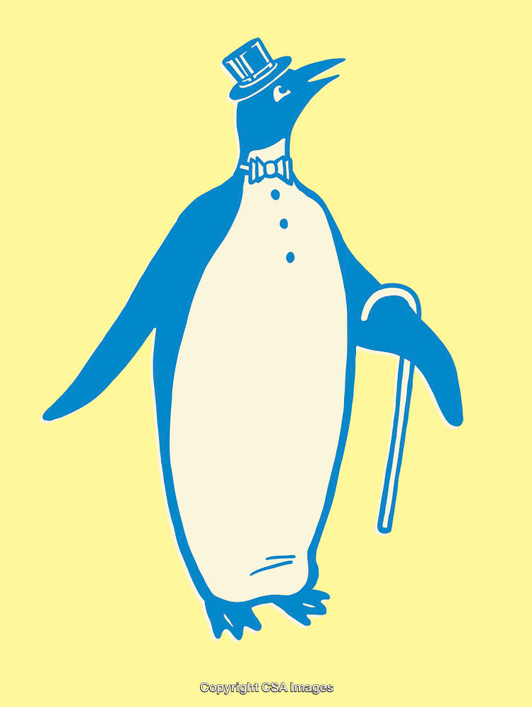 Stylish Penguin Illustration in Fancy Attire with Cane and Top Hat