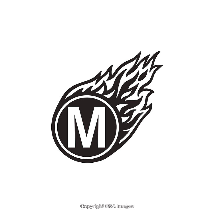 Black Flaming Letter M Icon with Dynamic Fire Design