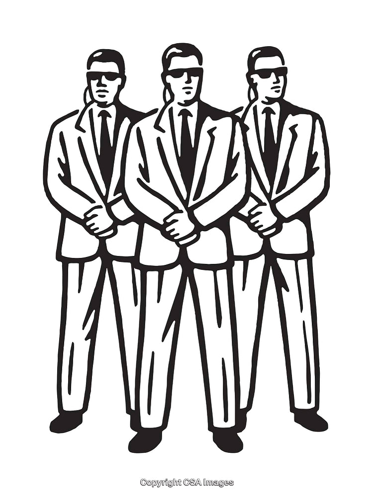 Black and White Line Art of Men in Suits Standing in Formation