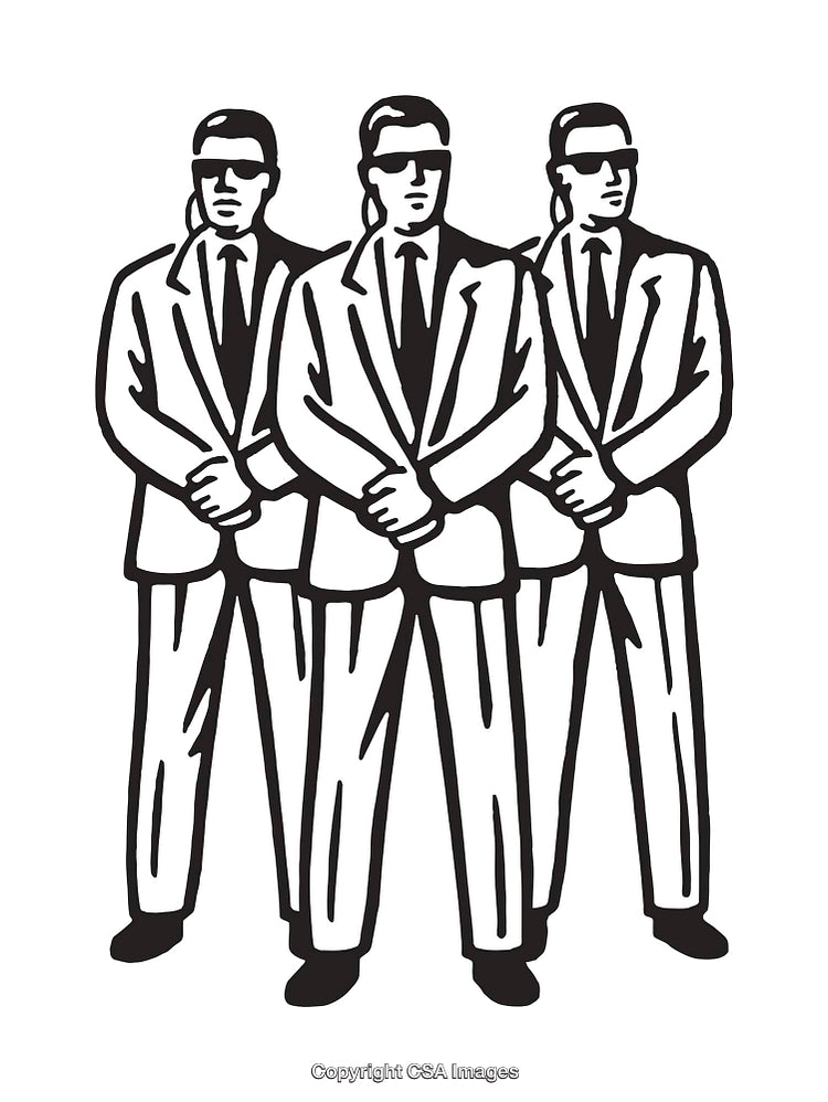 Black and White Line Art of Men in Suits Standing in Formation