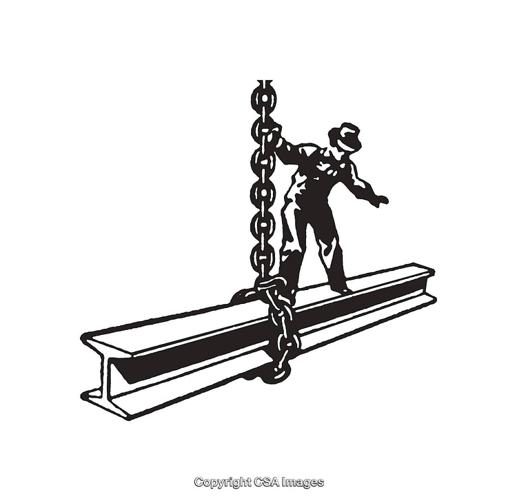 Worker Standing on Steel Beam Suspended by Chains in Black and White Art
