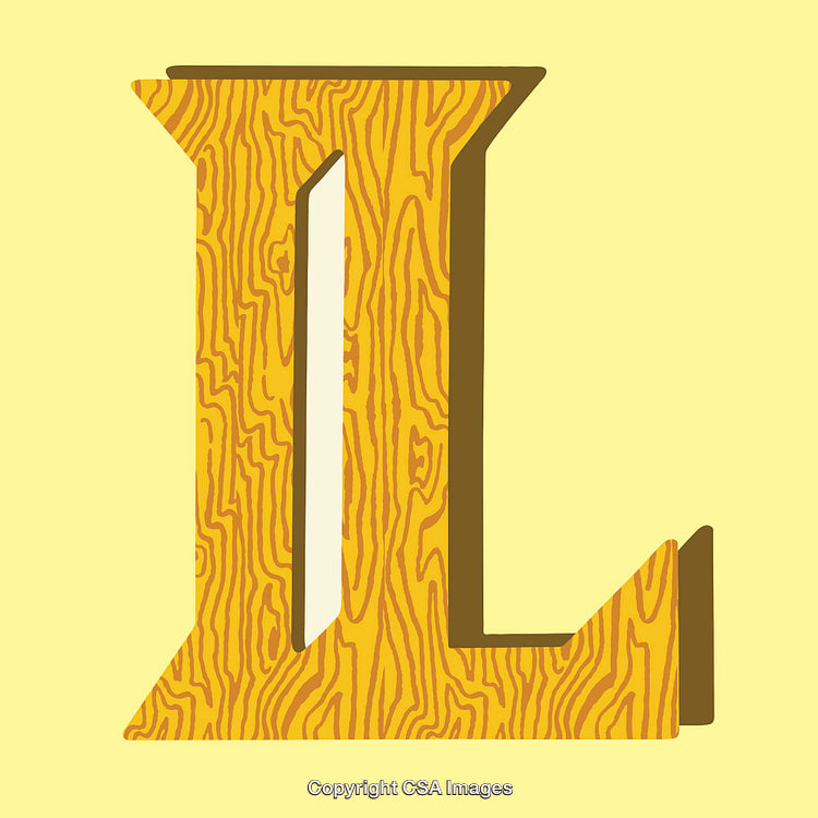 Decorative Letter L with Wood Grain Texture on Yellow Background