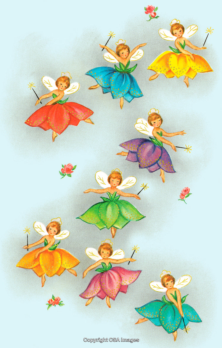 Colorful Fairy Illustrations Dancing on a Light Background with Floral Details