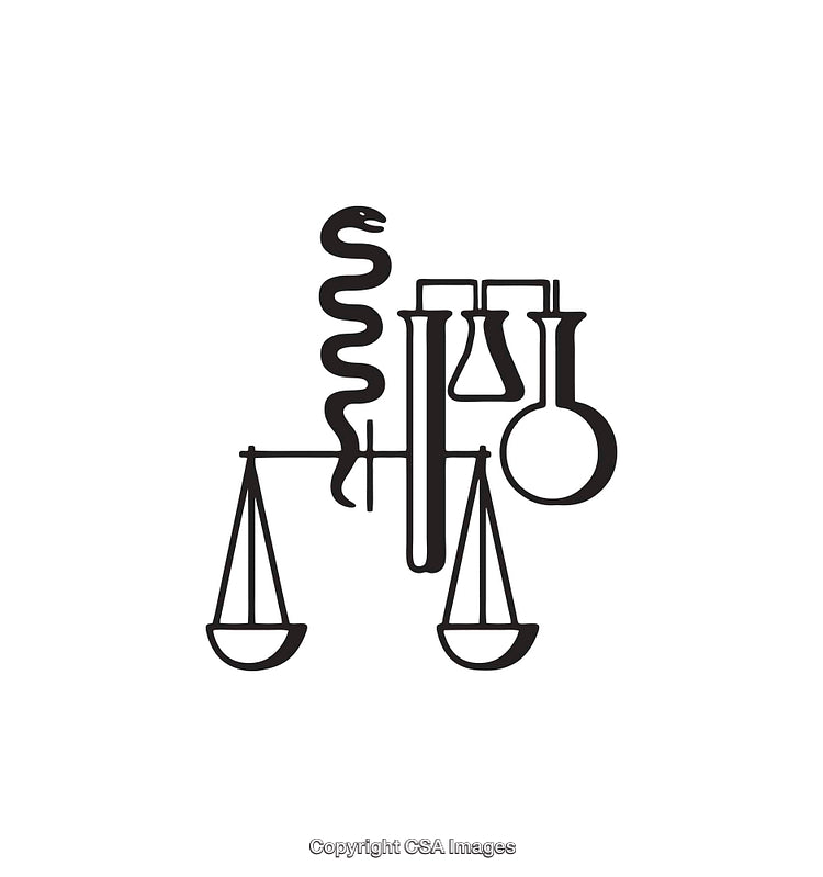 Symbolic Line Art of Scales, Flask, and Snake in Balance