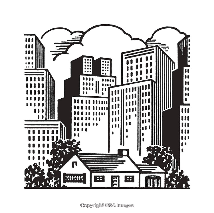 Black and White Illustration of Urban Landscape with Contrast Elements