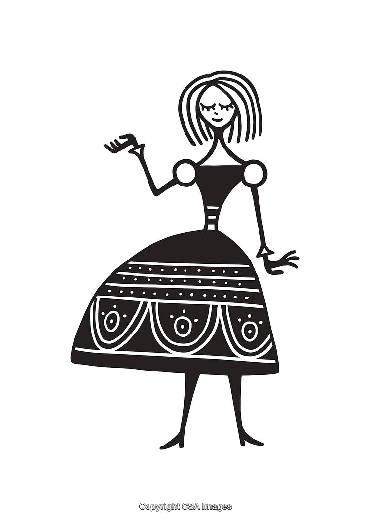 Black and White Line Art of Woman in Fancy Dress