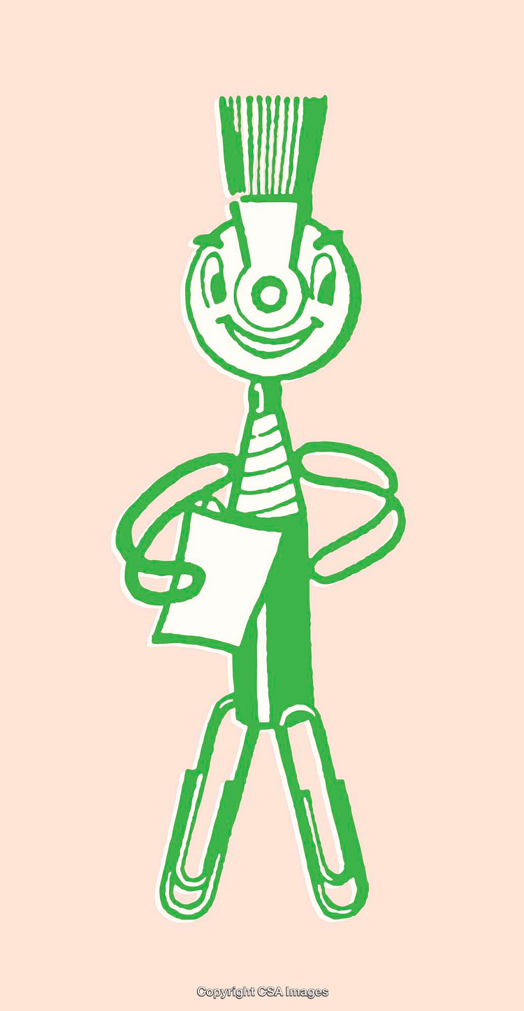 Green Hand-Drawn Character With Paperclip Legs on Pink Background