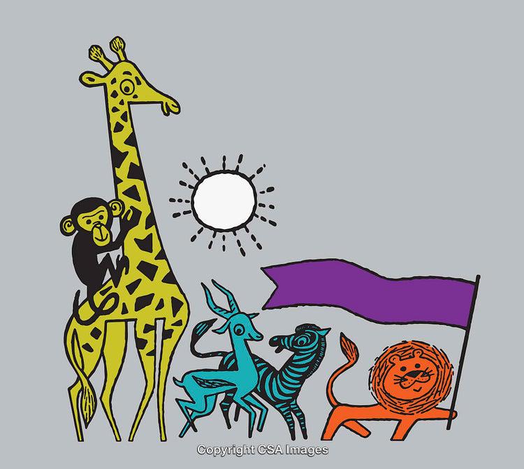 Playful Safari Animals with Sun and Purple Flag in Artistic Illustration