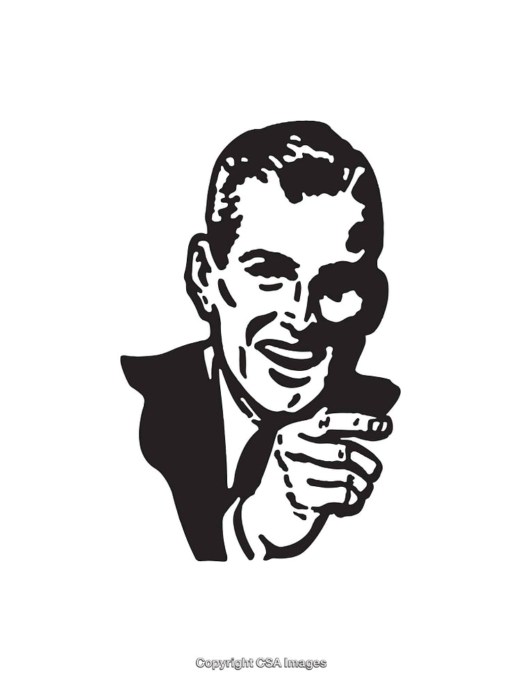Retro Black and White Illustration of a Smiling Man Pointing Forward
