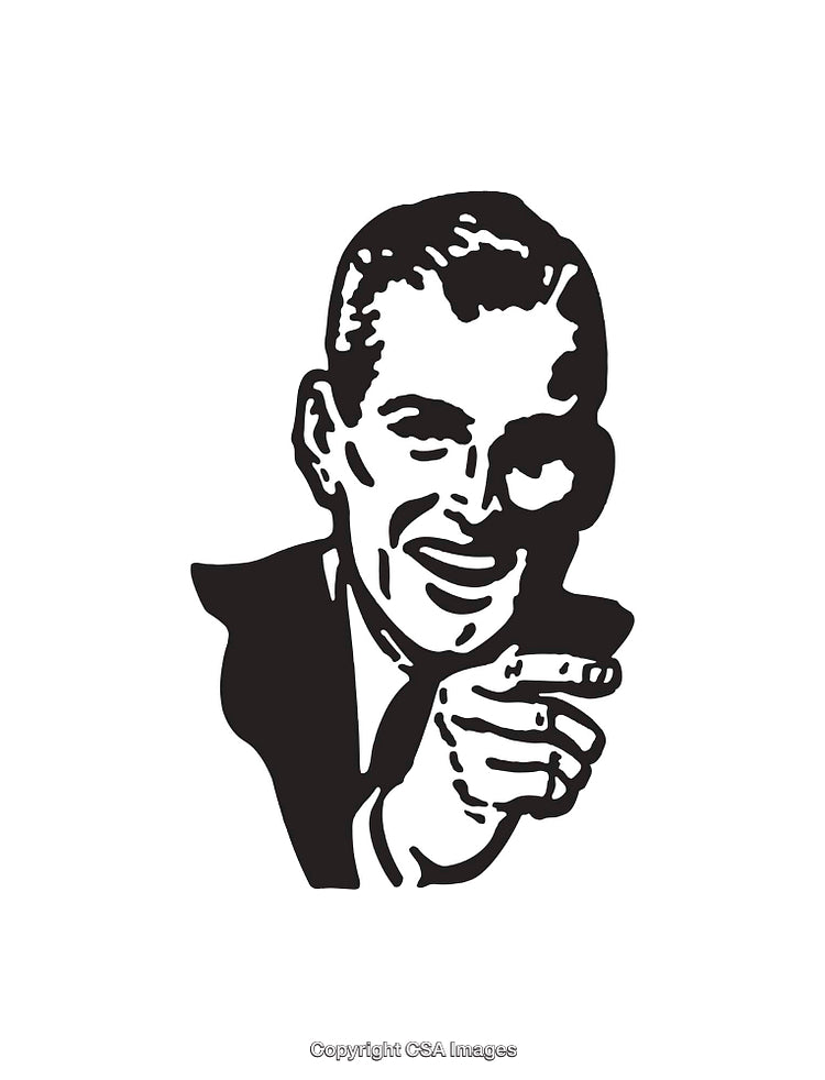 Retro Black and White Illustration of a Smiling Man Pointing Forward