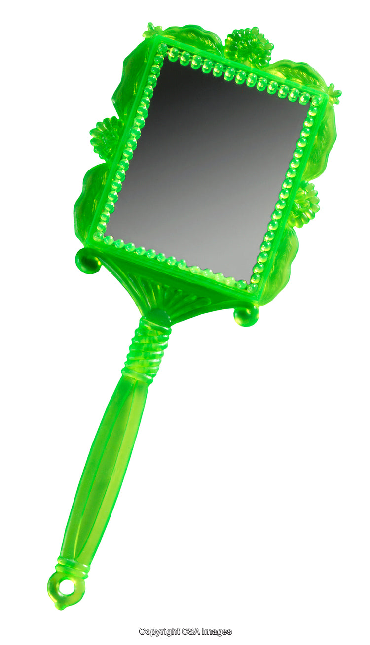 Green Handheld Plastic Mirror with Decorative Frame Design Isolated on White