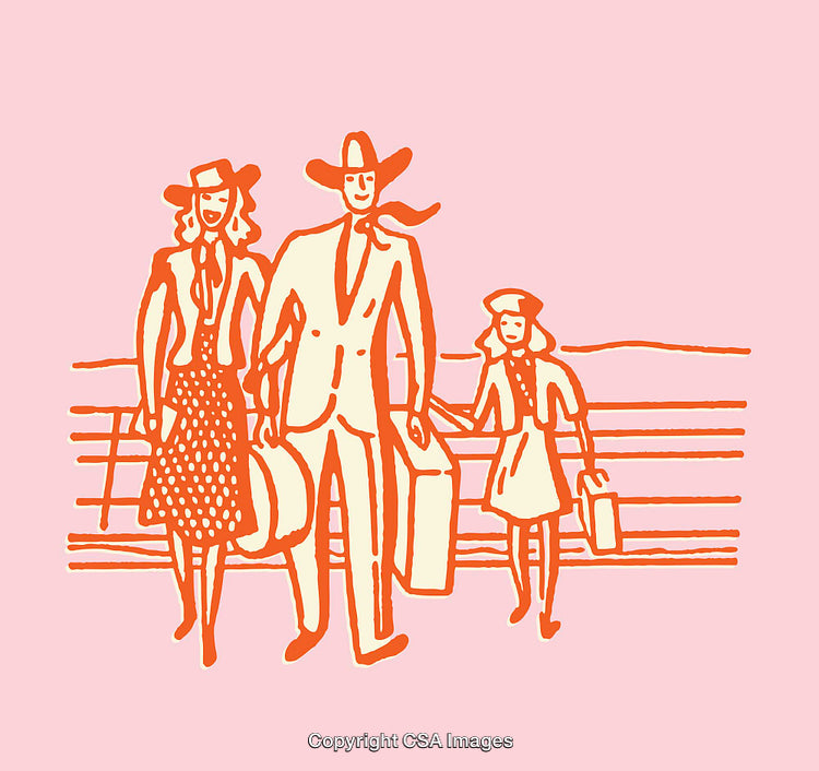 Stylized Family Illustration in Vintage Country Attire with Luggage