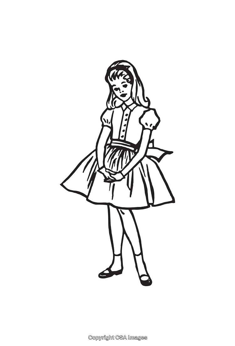 Black and White Line Art of a Standing Girl in a Dress